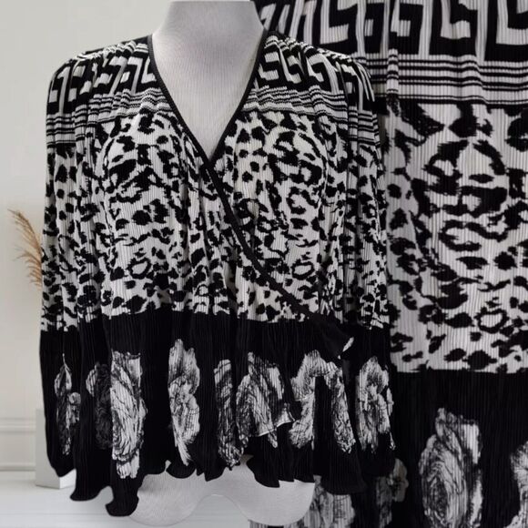 Vintage 80s Oversized Plisse Wrap Top Misses Plus One Size Mixed Print France - Picture 1 of 15